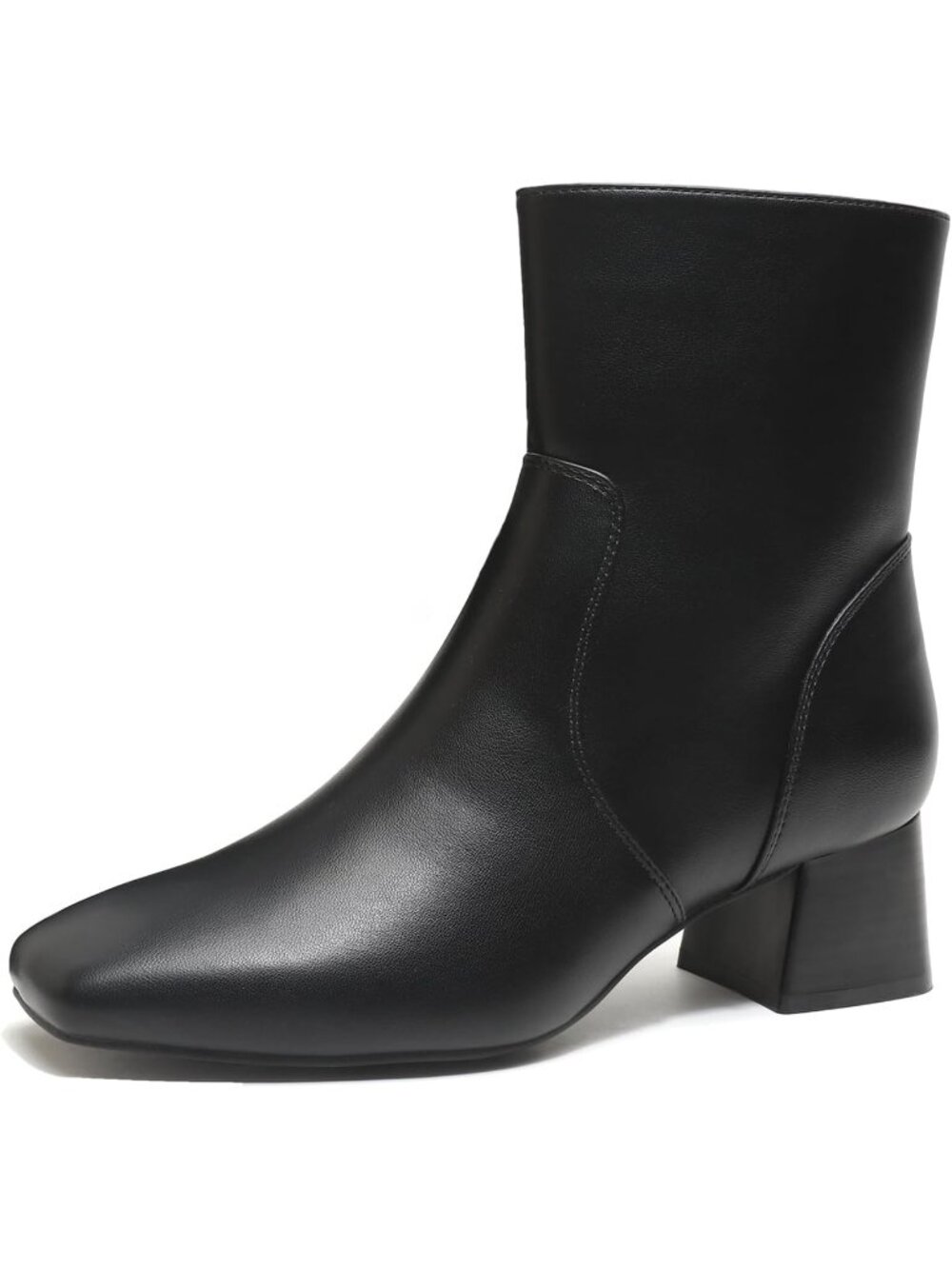Women's Black Chunky Block Low Heel Square Toe Dress Side Zipper Ankle Booties